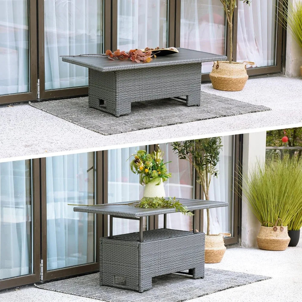 Outdoor Wicker Dining Table With Adjustable Lift Top Gray