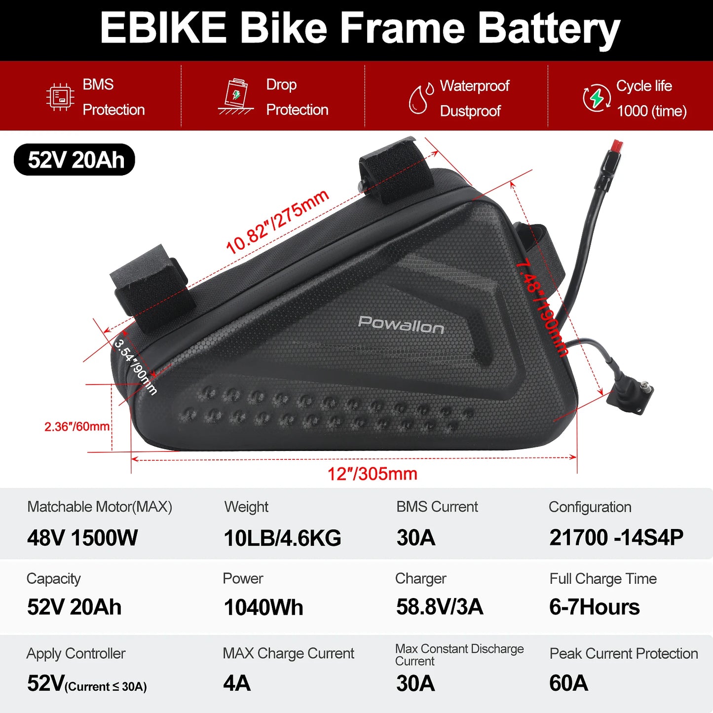 Ebike Battery 36V 48V Triangle Case Waterproof 10 13 20Ah