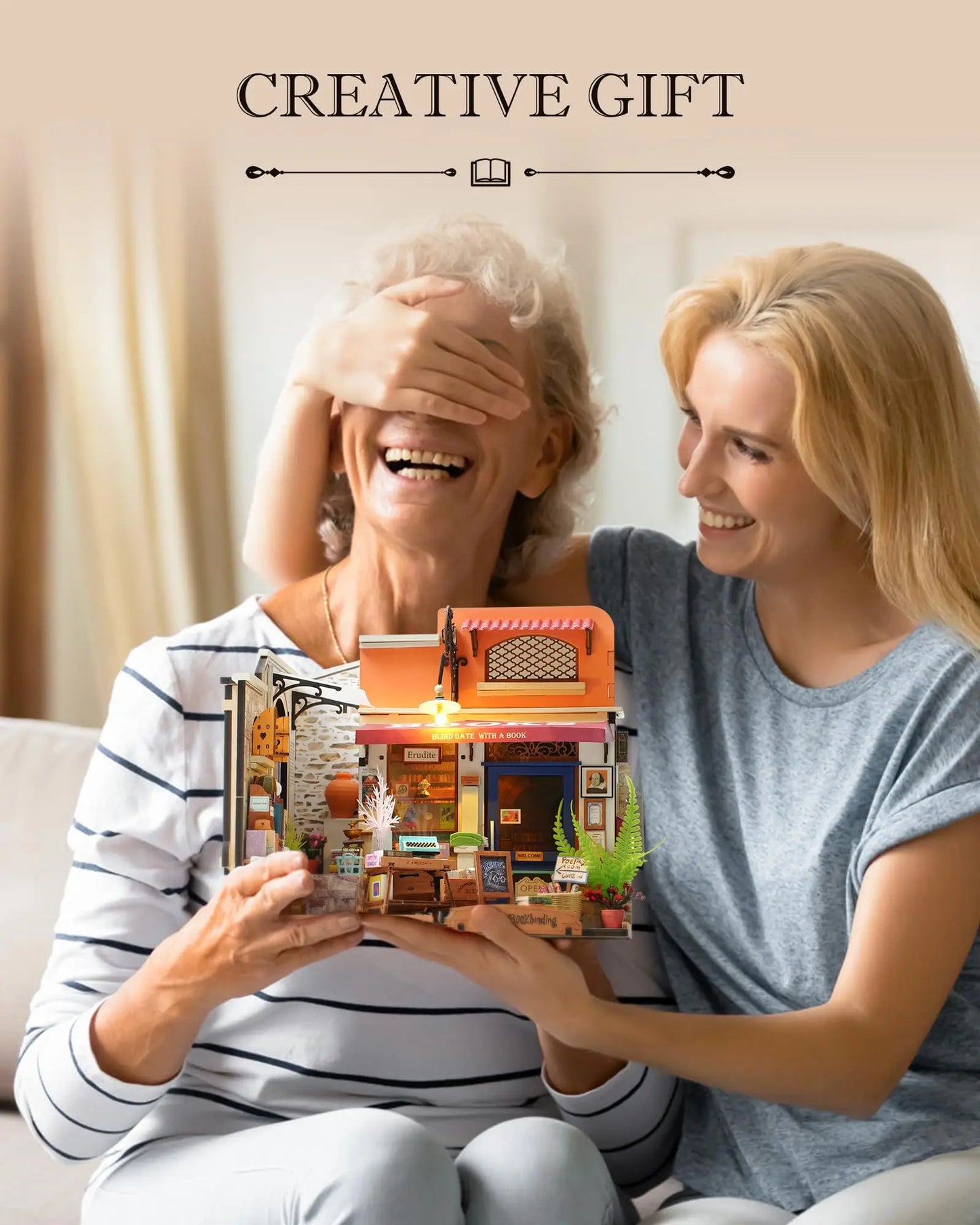 Robotime Miniature Dollhouse Kit Corner Bookstore With Led For DIY Craft