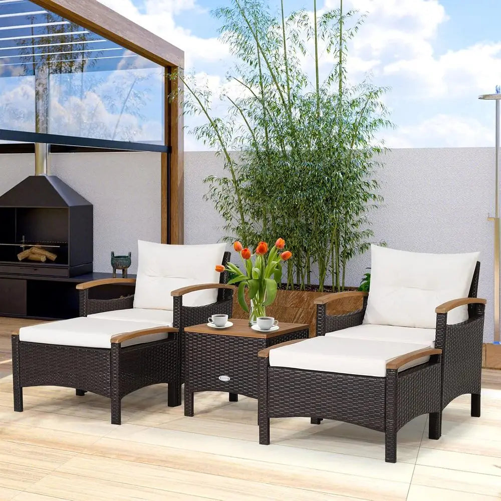 Outdoor PE Wicker Furniture Set With Lounge Chairs And Acacia Wood Side Table