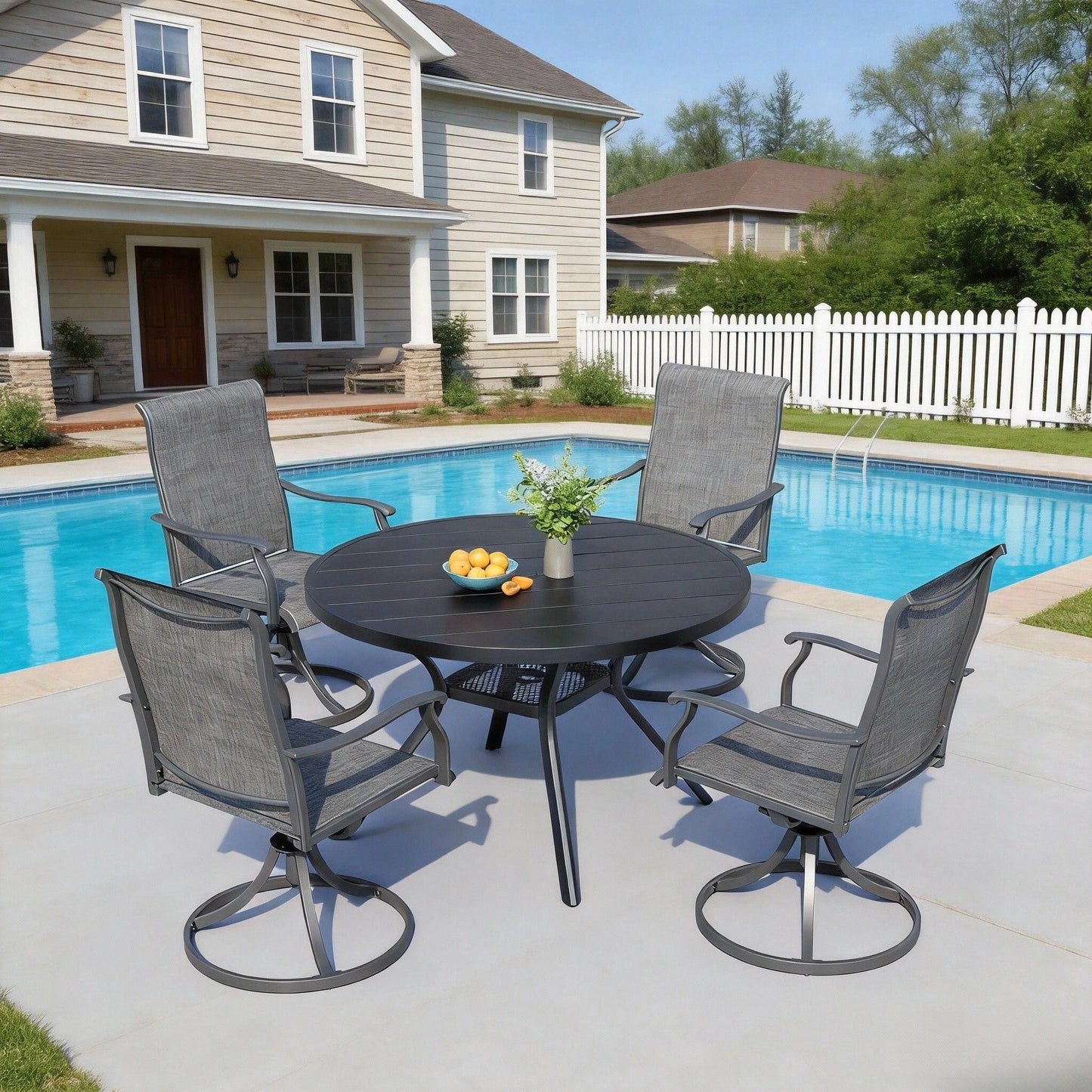 Bigget 5 Piece Outdoor Dining Set 41 Inch Round Table 4 Grey Textilene Chairs