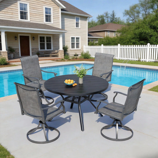 Bigget 5 Piece Outdoor Dining Set 41 Inch Round Table 4 Grey Textilene Chairs