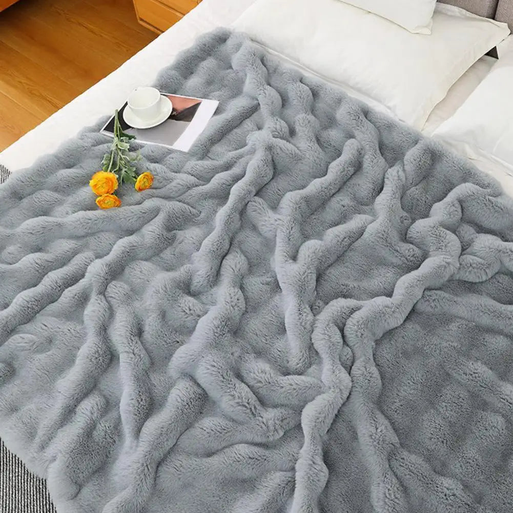 Winter Plush Blanket Thickened Fuzzy Bubble Design Faux Rabbit Fur Blanket for Bedroom Living Room Office Home Bed Sofa