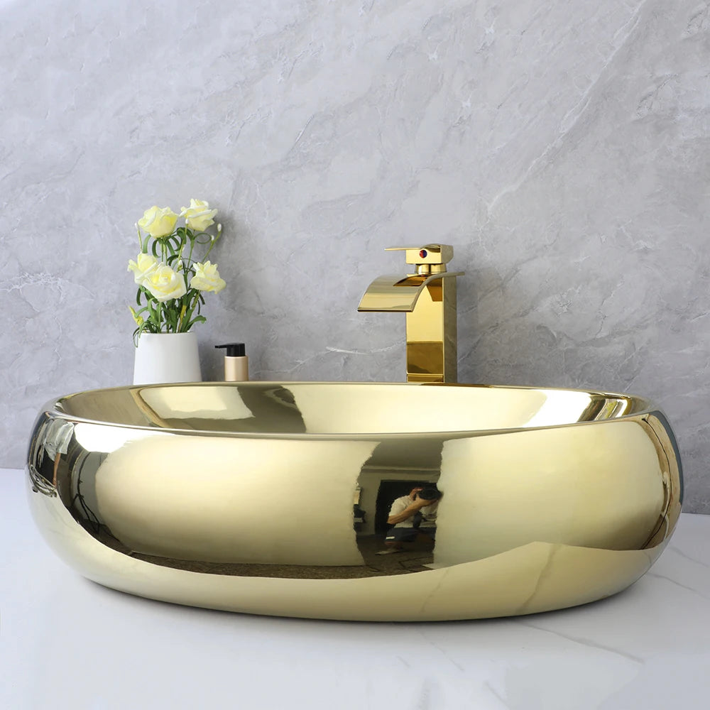 KEMAIDI 23In Oval Ceramic Vessel Sink Gold Waterfall Faucet