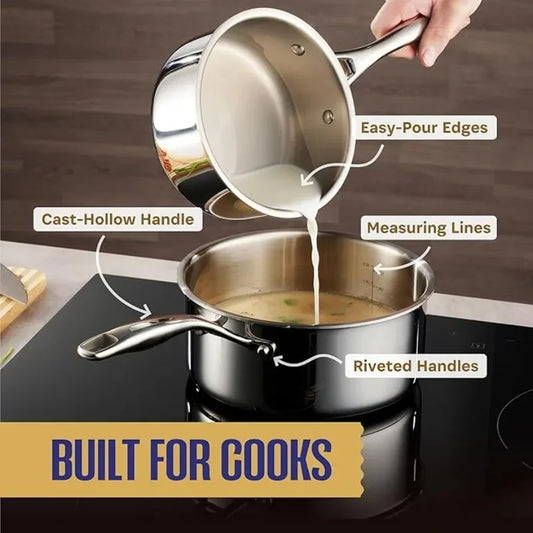 10-Piece 3 Ply Stainless Steel Pots and Pans Set Induction Oven Safe Best 18/8 Full Clad Kitchen Cookware