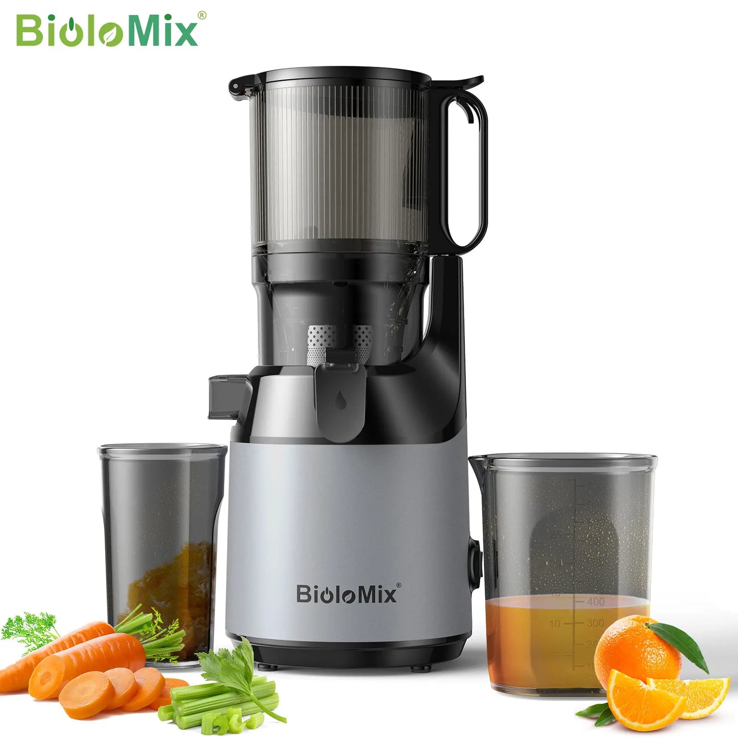 BioloMix Cold Press Juicer 130mm Feed Chute Whole Fruits Vegetables High Juice Yield BPA Free Slow Masticating Juicer