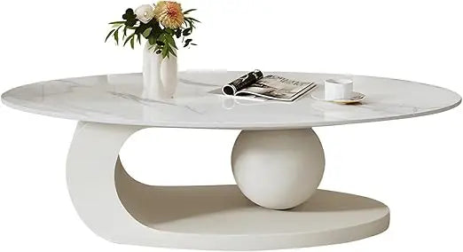 Modern Stone Coffee Table With Abstract Metal Base Center