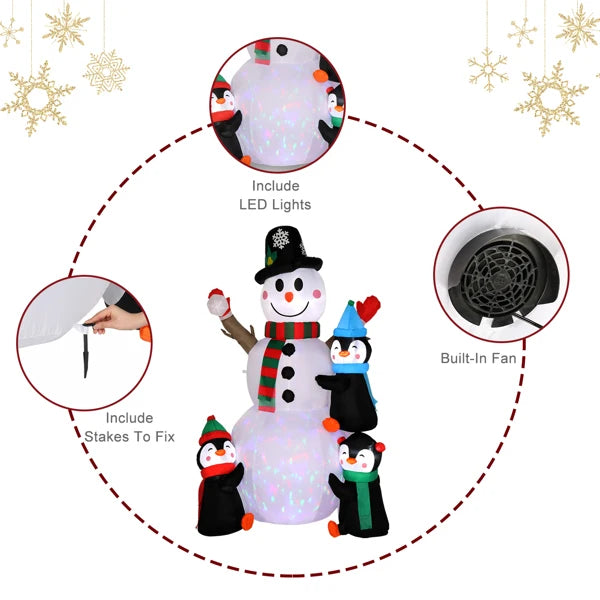 6ft Inflatable Snowman With 3 Penguins And 4 Light Strings