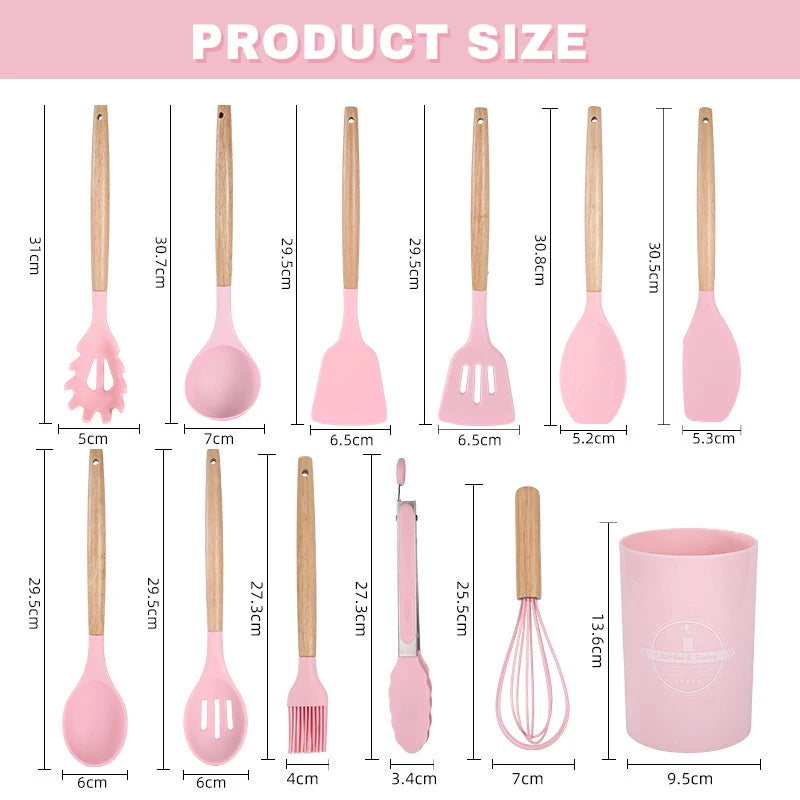 12 Piece Silicone Kitchenware Cooking Utensils Set Non Stick Cookware Spatula Shovel Egg Beaters Baking Set with Storage Bucket