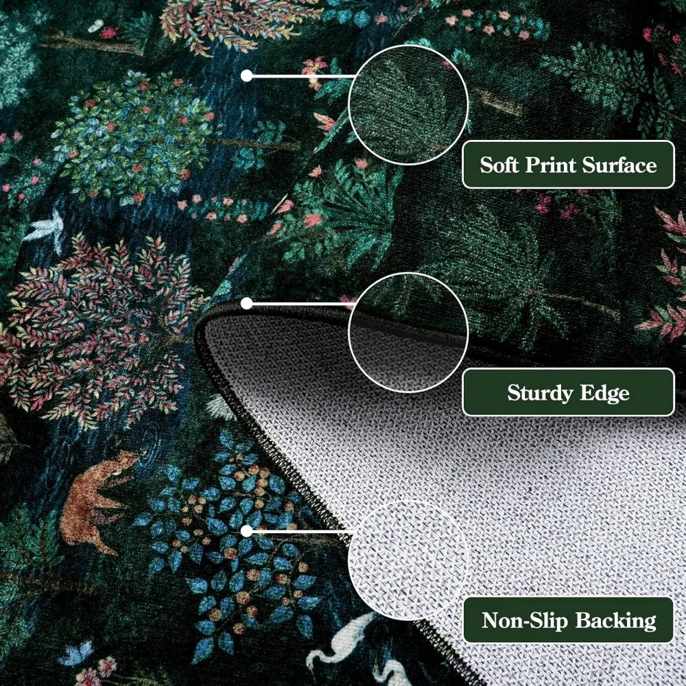 Forest Print Washable 8x10 Area Rugs Dark Green Rugs for Living Room Non Slip Ultra Thin Soft Boho Floral Bedroom Carpet