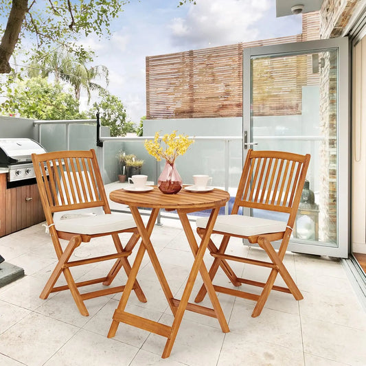 3 Piece Patio Bistro Set Acacia Wood With Folding Round Table Cushions Outdoor