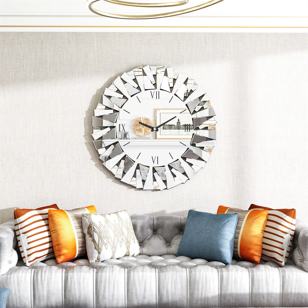 Large Wall Clock 3D Mirrored Sunburst Edge 32 Inch Round Roman Numeral Modern Living Room Dining Room Decor