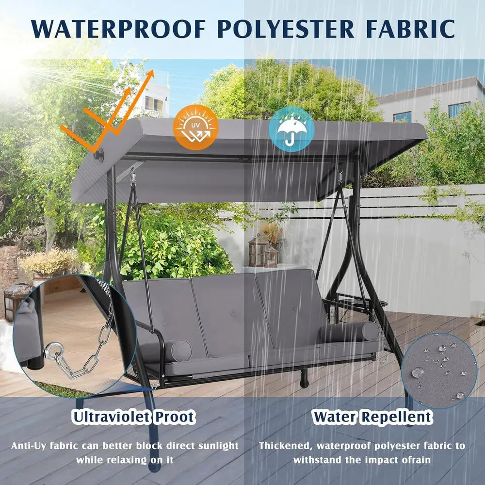 3 Person Outdoor Porch Swing With Stand Convertible Two In One Bed Cup Holder