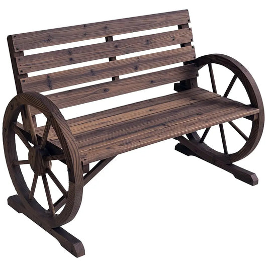 41 Inch Wooden Wagon Wheel Bench Rustic Outdoor Patio Weather Resistant 2 Person Slatted Seat With Backrest Carbonized Finish