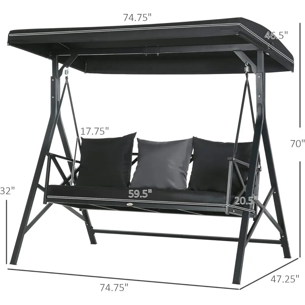 3 Seat Patio Swing with Cushions and Pillows Adjustable Glider Black