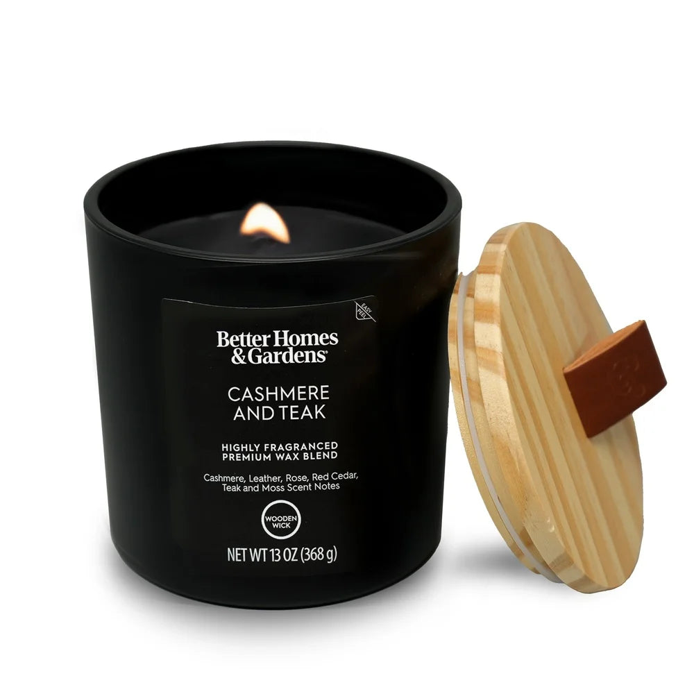 Scented Wooden Wick Jar Candle 13oz Cashmere Teak In Black Glass Leather Lid