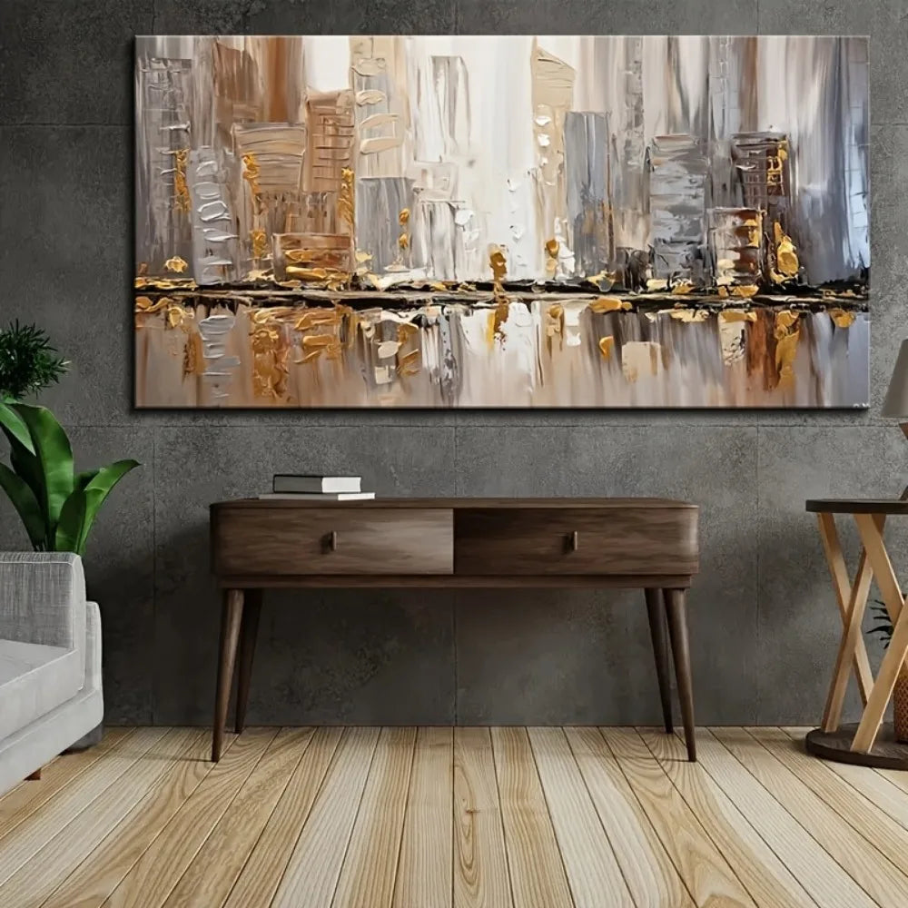 Large Abstract Oil Painting Thick Pine Frame Art Deco Neutral Tones Gold Accents
