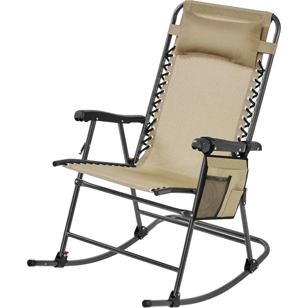 26 Inch Zero Gravity Rocking Chair Folding Reclining Lounge Chair For Outdoor Patio Lawn Beige Alloy Steel Frame Fabric Seat
