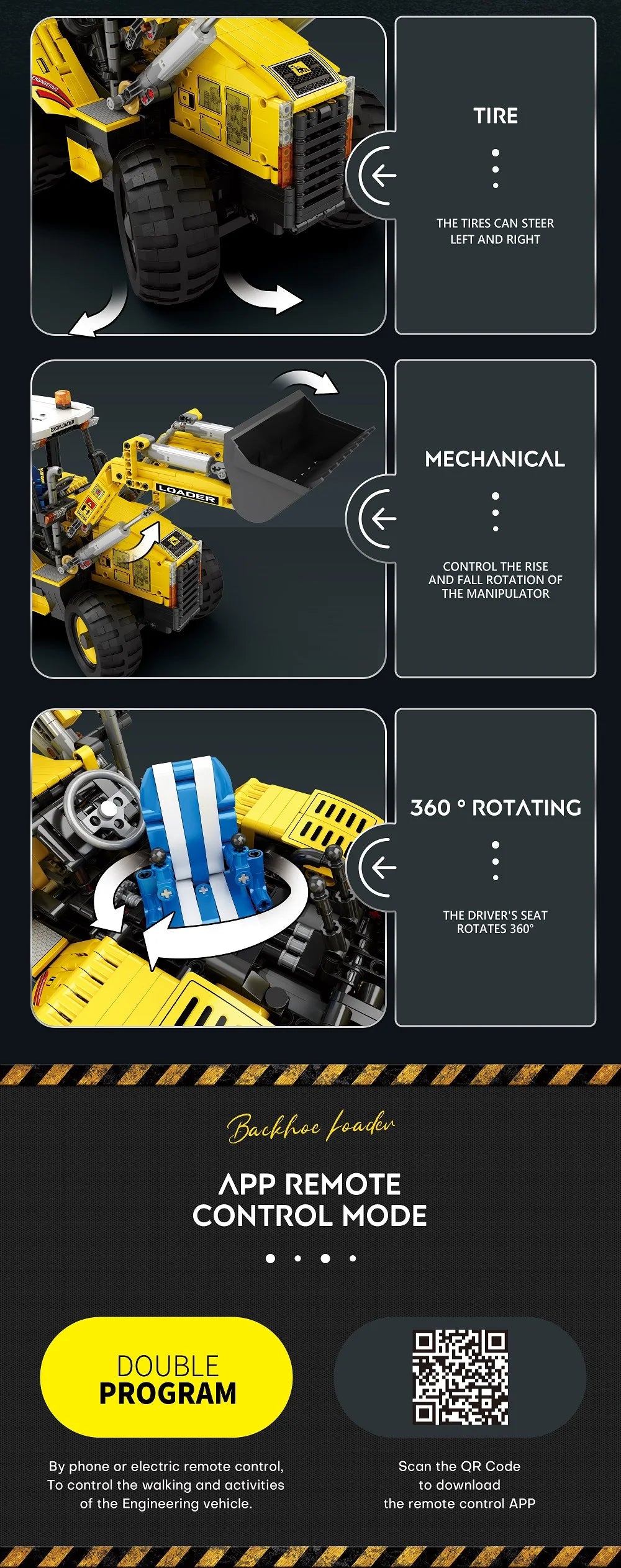 Backhoe Loader Bulldozer Remote Control Building Blocks Set App Control 2466 Pcs