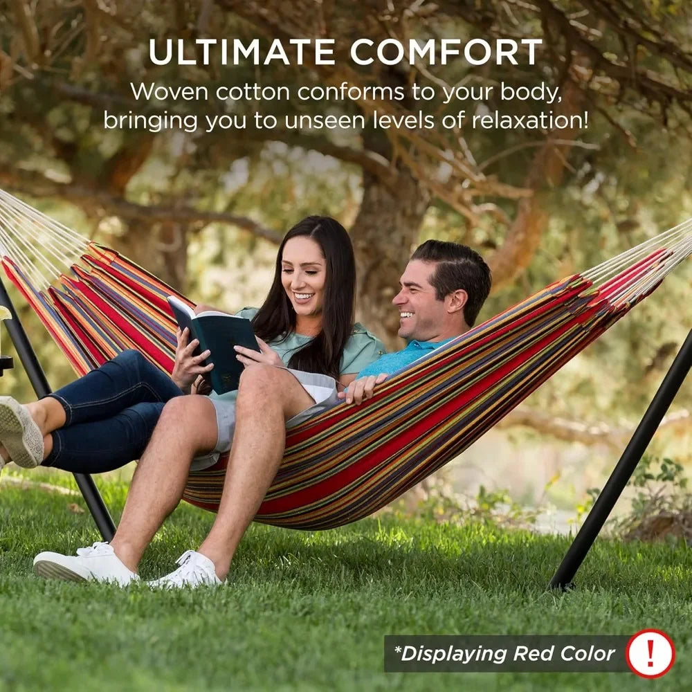 Double Brazilian Style Cotton Hammock With Steel Stand For Indoor Outdoor With Carrying Bag