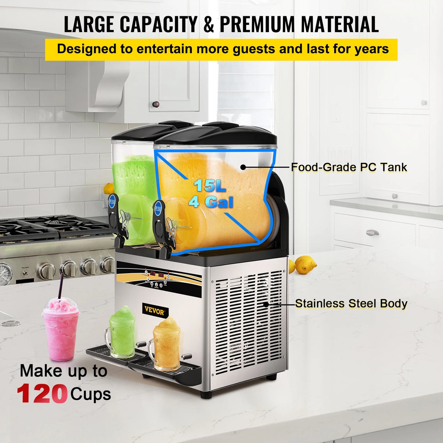 SucceBuy 2x15L Commercial Slushy Machine Margarita Maker 1000W Stainless Steel Smoothie Frozen Drink Maker