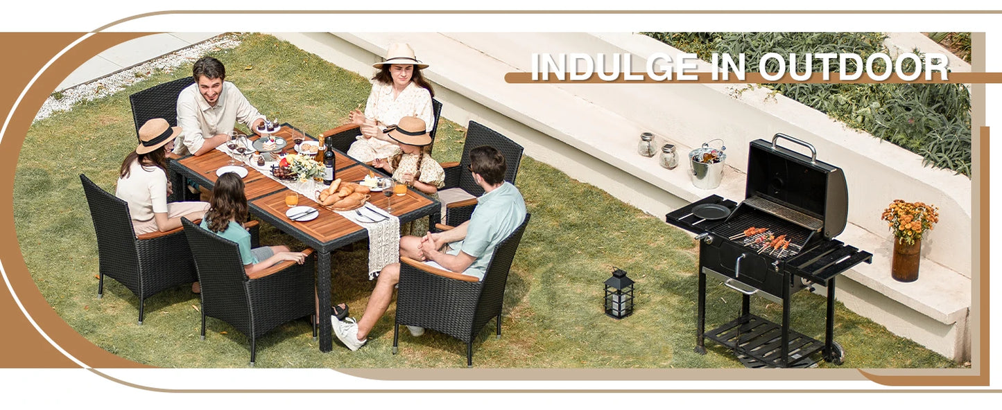 Outdoor 7 Piece Terrace Rattan Furniture Set With Lovewood Tabletop Black