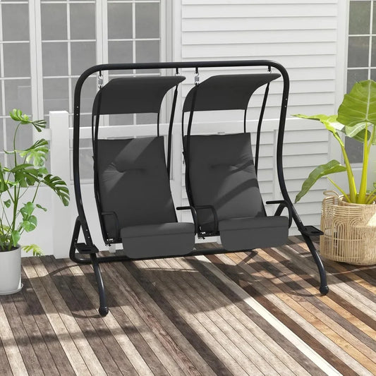 Patio Swing Chair for Two Seats with Removable Canopy and Cup Holders Poolside