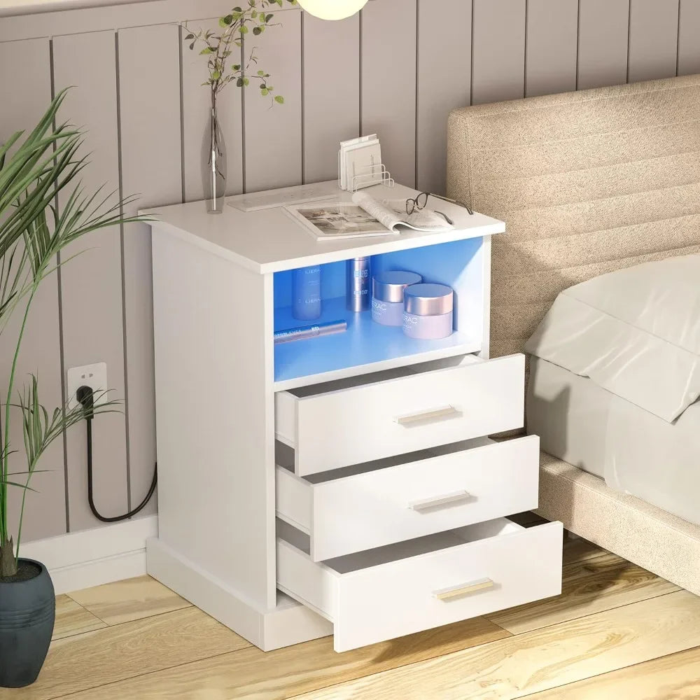 Nightstand With Charging Station LED Lights Drawers