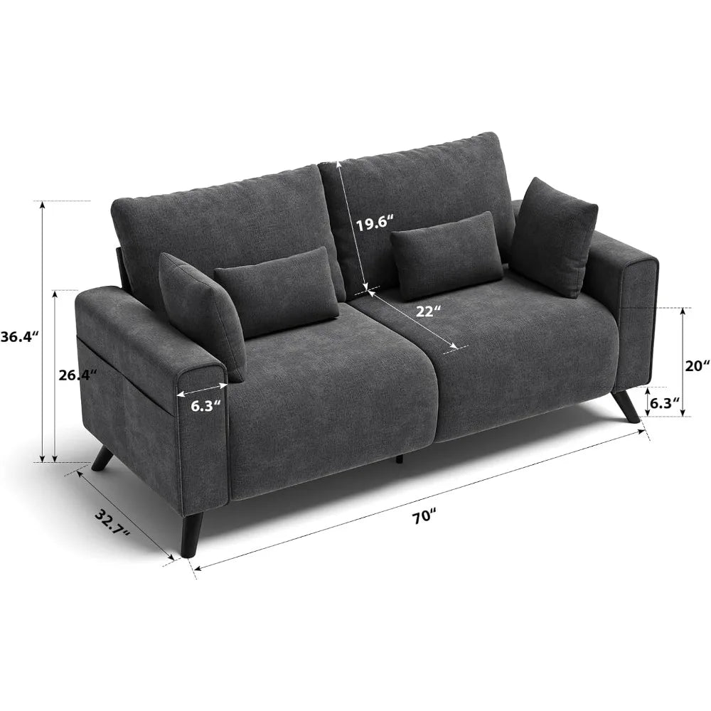 Grey 2 Seater Loveseat Sofa For Living Room Small Spaces 70 Inch Wide