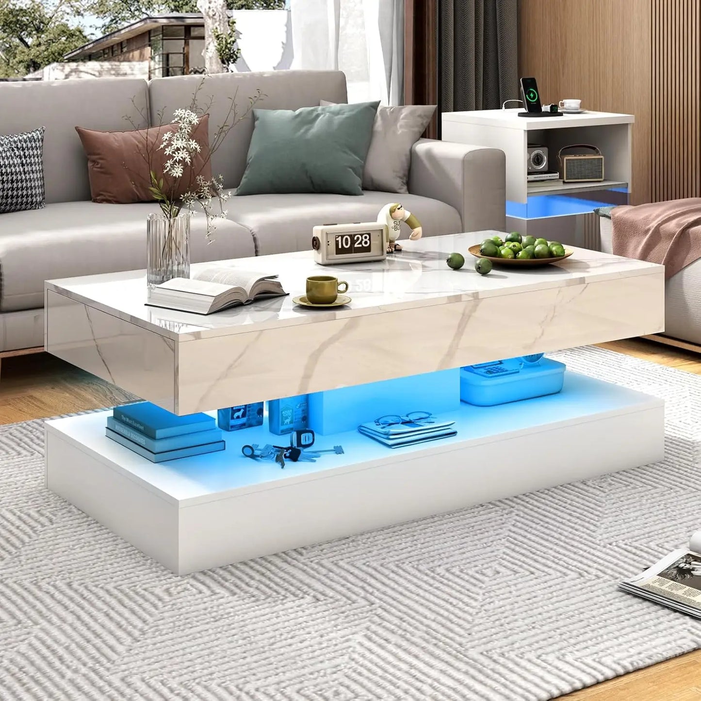 Modern Coffee Table With LED Lights And Storage Drawers