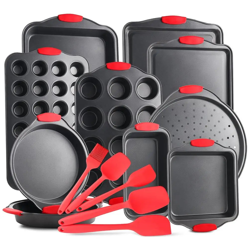 Nonstick Carbon Steel Bakeware Set 15 Piece Kitchen Baking Tray Silicone Handles Oven Safe Cookie Sheets Muffins Loaf Pan