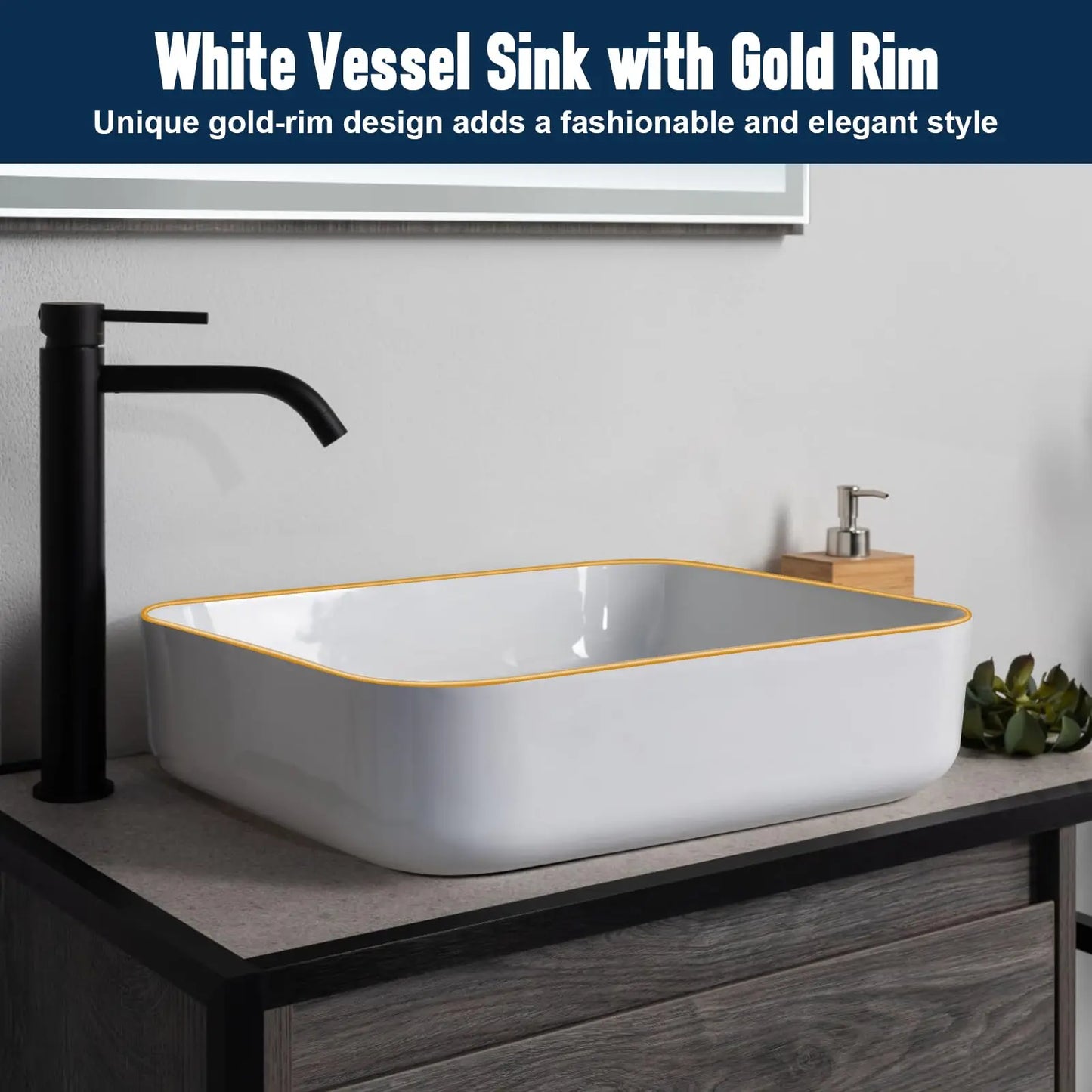 Ceramic Rectangular Sink 20x16 White Gold Rim Vessel