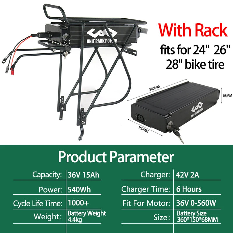 Rear Rack Battery 36V15Ah 48V15Ah 52V20Ah 24 26 28 Inches