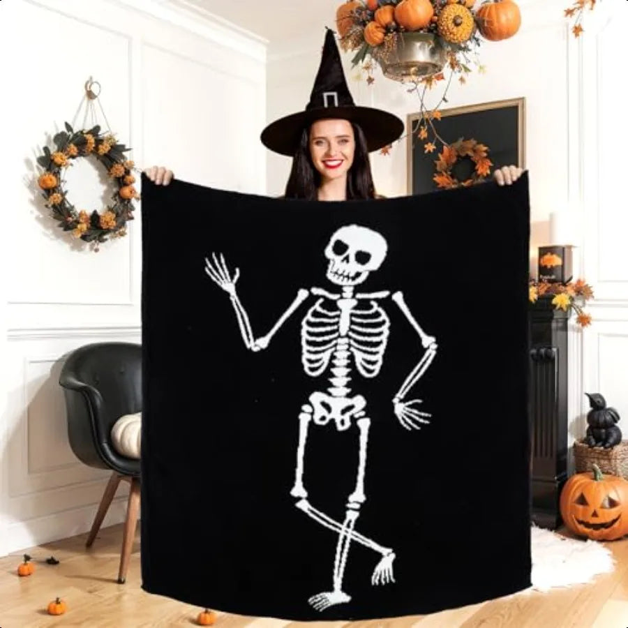 50 X 60 Inch Halloween Skeleton Throw Blanket Black Skull