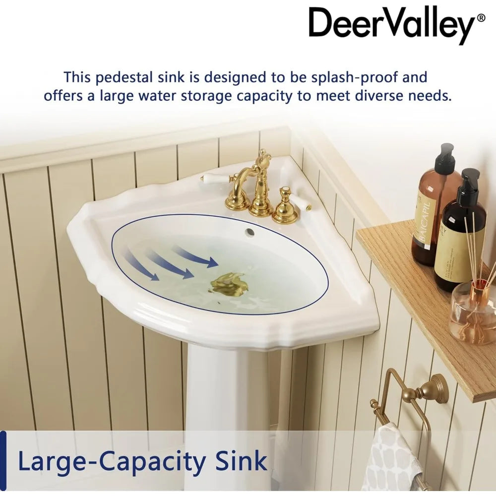 White Triangular Corner Pedestal Sink With Overflow Holes