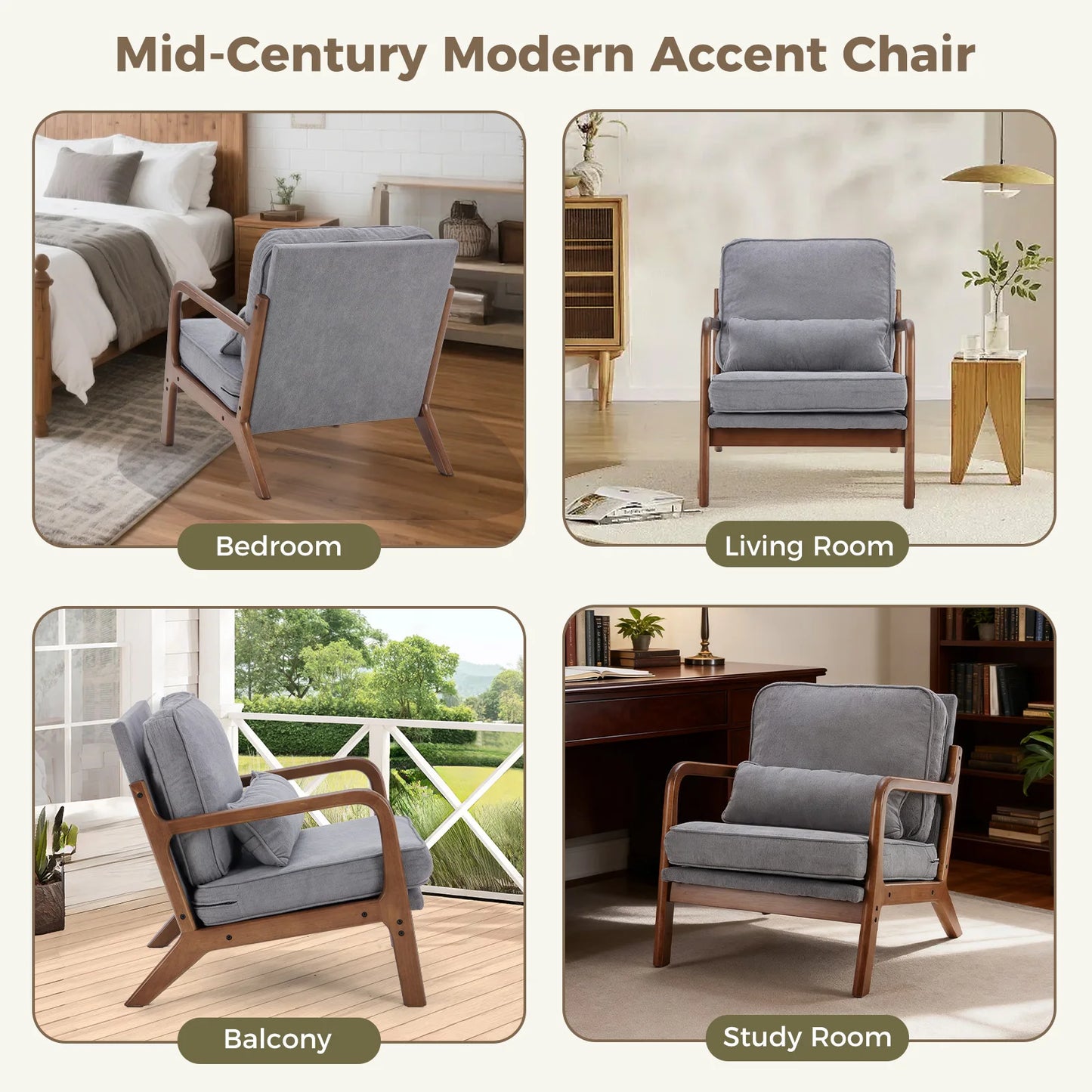 JHK Mid Century Modern Accent Chair With Solid Wooden Frame And Armrests