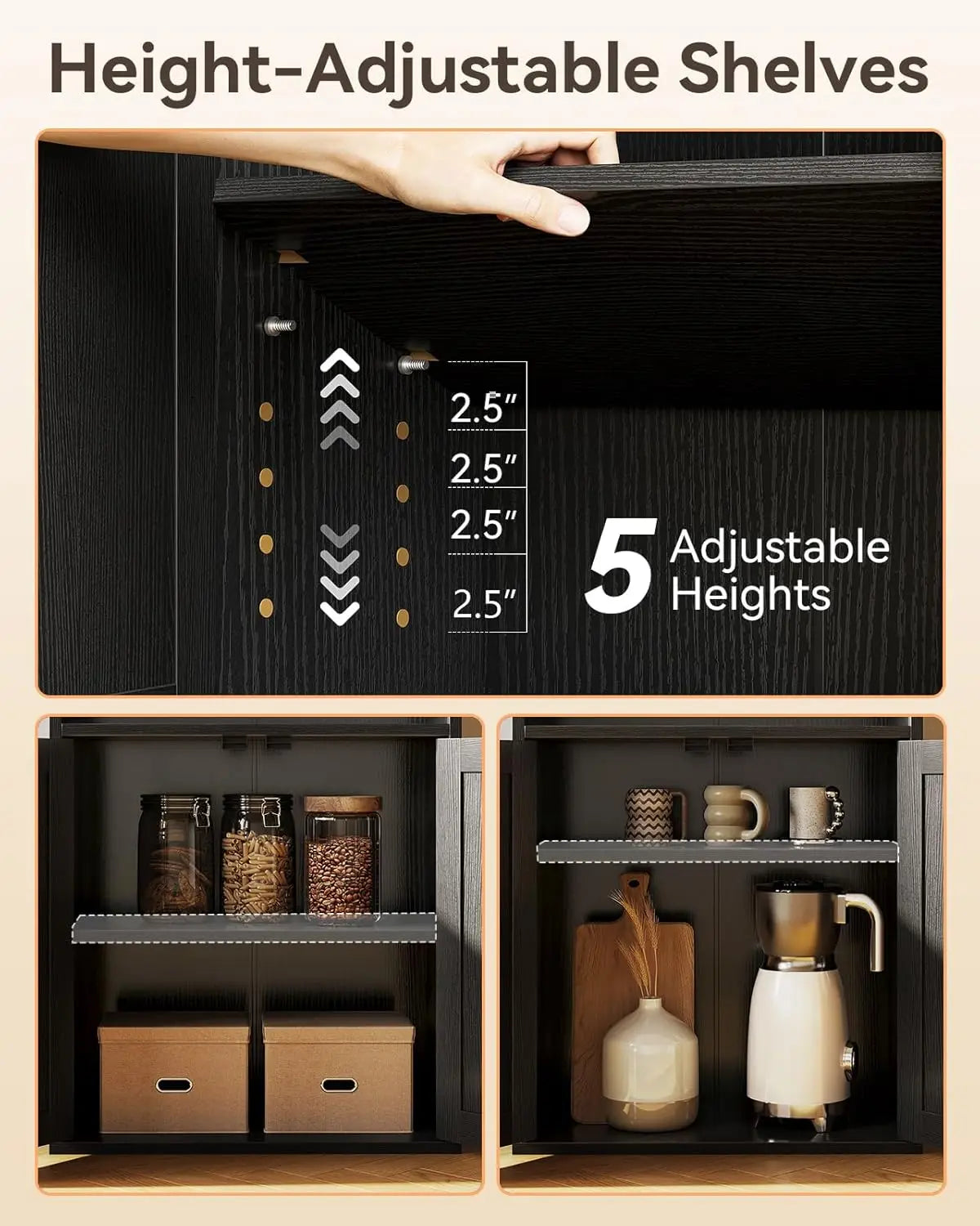Casaottima Black 6 Tier Bookcase With Doors Floor Standing Home Office