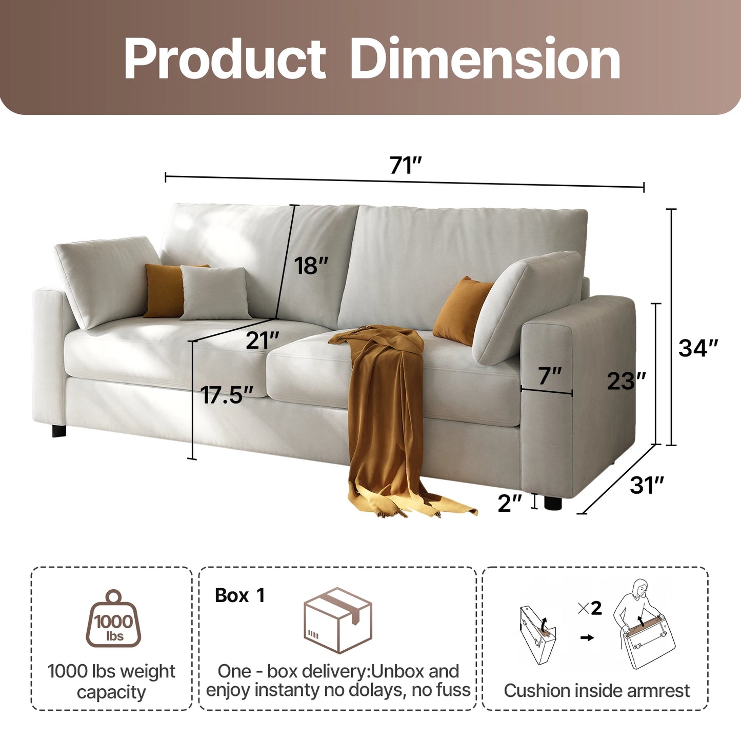 71 Inch Linen Loveseat Sofa Mid Century Modern For Living Room