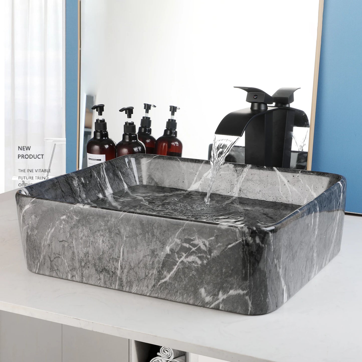 ZAPPO Black Rectangular Vessel Sink with Faucet and Drain