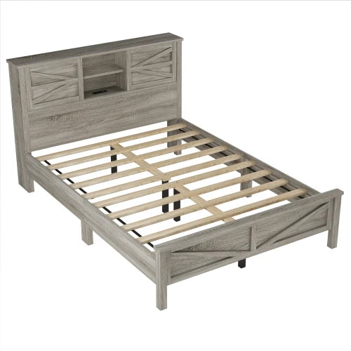 3 Piece Farmhouse Bedroom Set Queen Platform Bed Headboard Storage And Charging