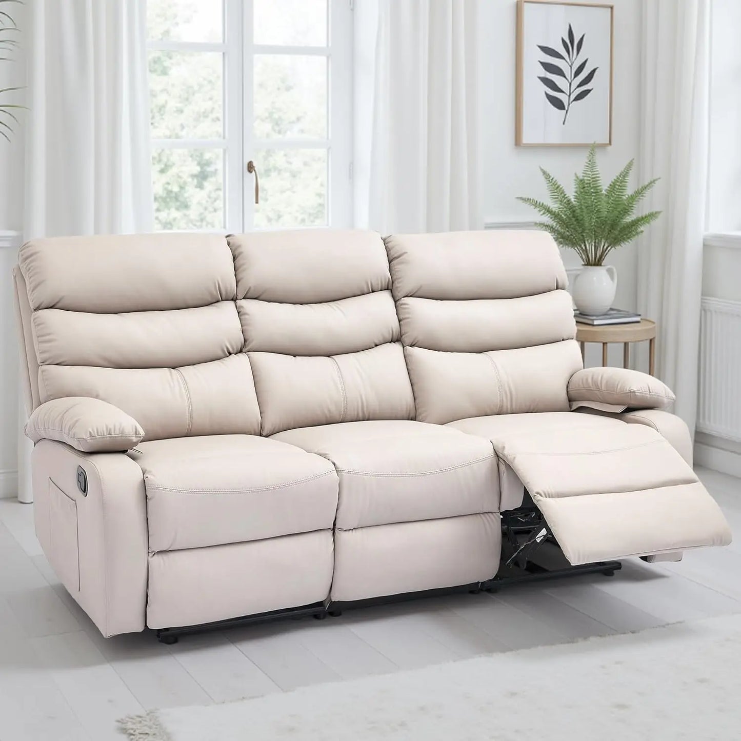 3 Seat Manual Reclining Leather Sofa With Overstuffed Arms Hidden Storage Beige