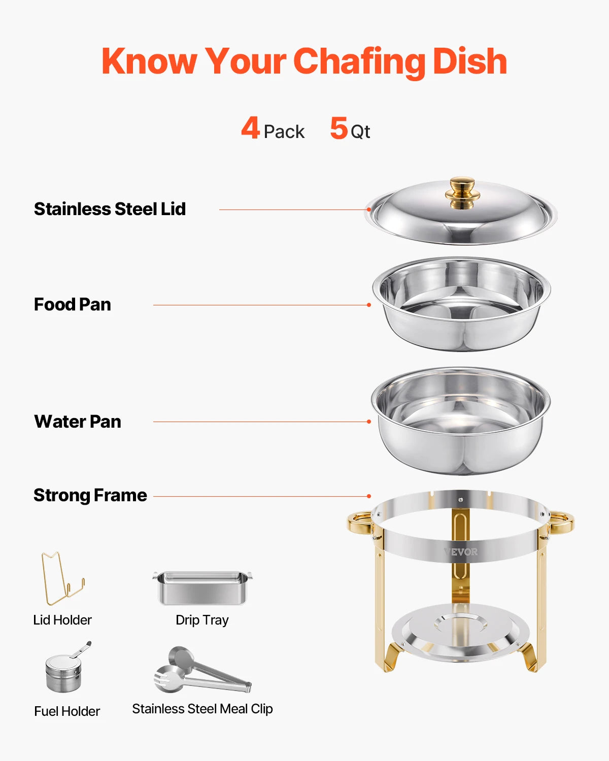 VEVOR 4 Pack Stainless Steel Chafing Dish Buffet Set with 4 Full Size Pan Round Catering Warmers for Party Banquets