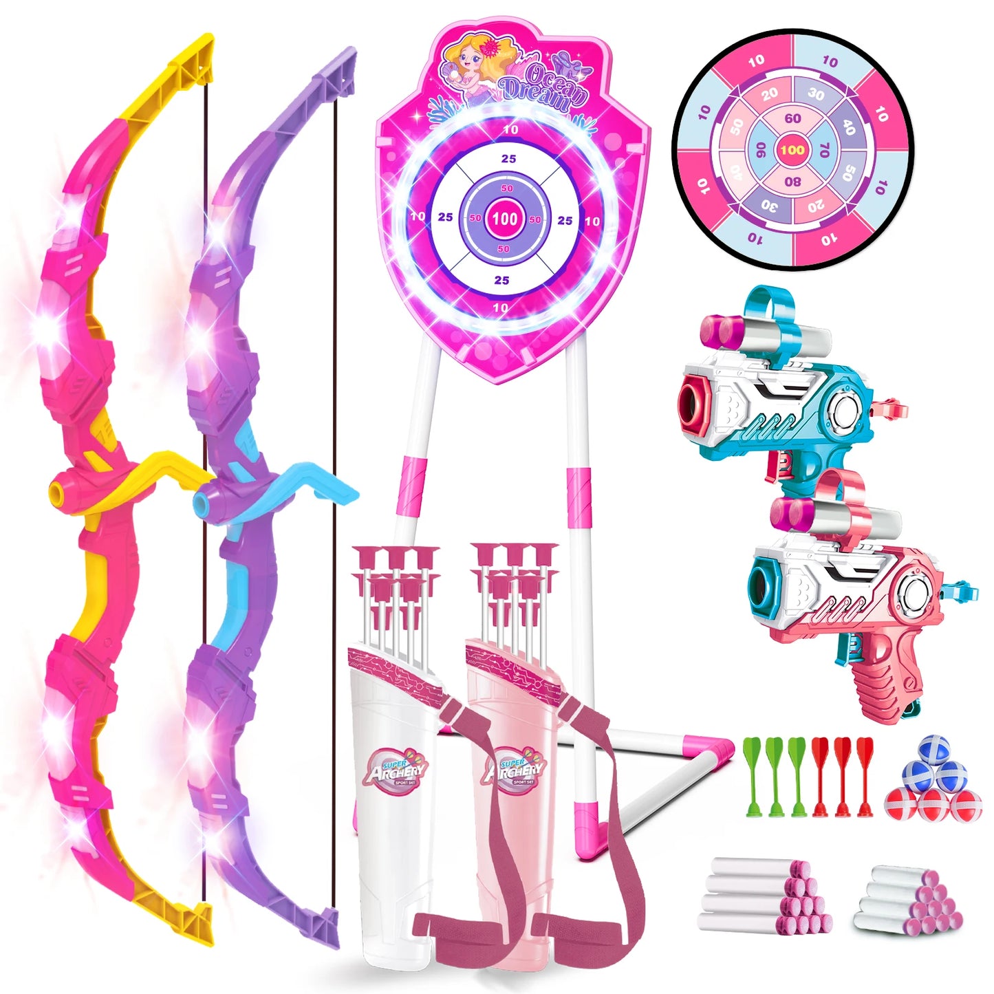 VATOS Night Light Bow and Arrow Toy for Girls Archery Set with Target Board