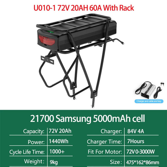 48V Rear Rack Ebike Battery 21700 Lithium Pack Luggage Rack
