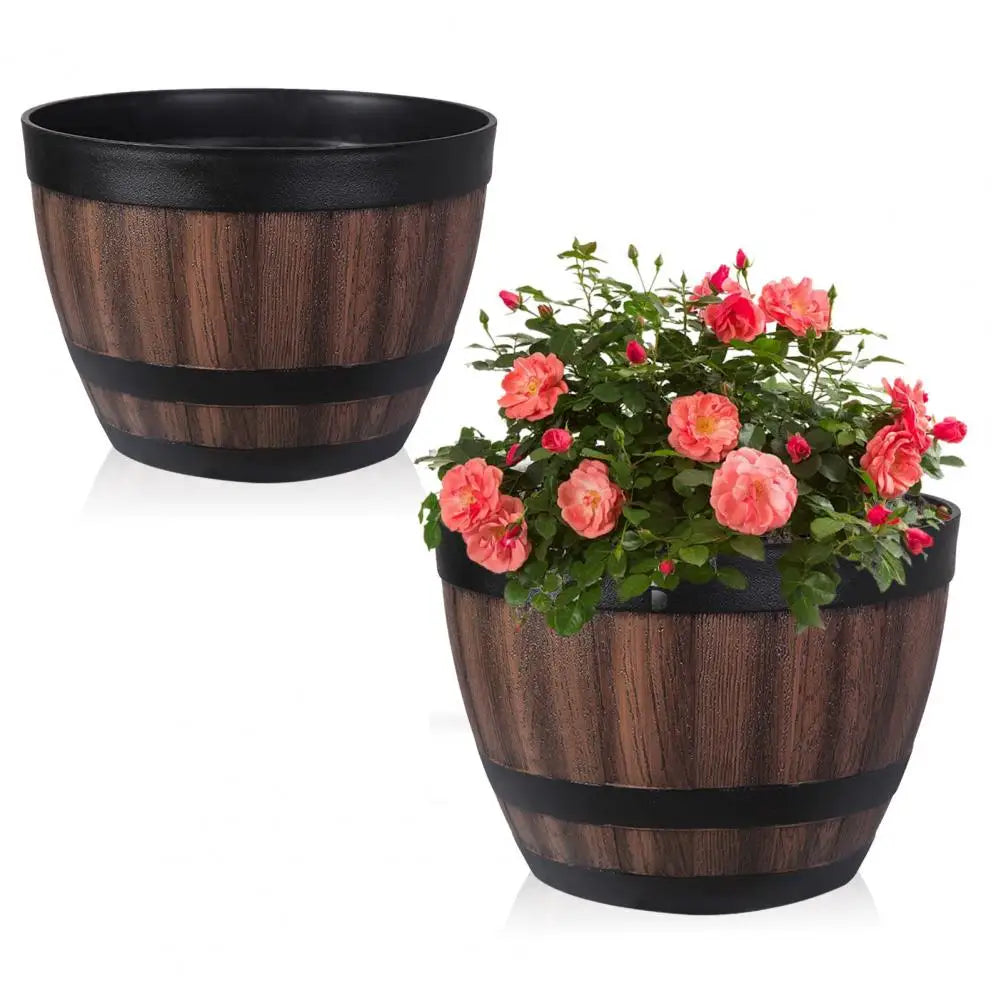 Barrel Shape Imitation Wood Plant Pot Plastic Flowerpot For Indoor Outdoor