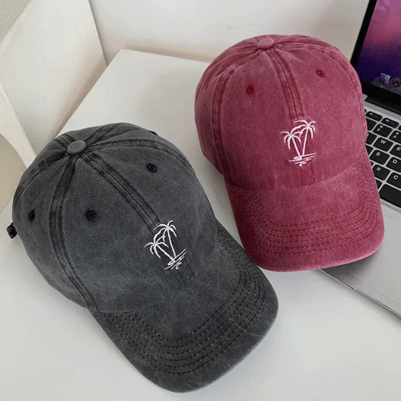 Washed Cotton Cap With Coconut Tree Embroidery Unisex Vintage Baseball Hat