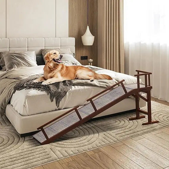 Wooden Dog Ramp for Bed with Removable Side Rail and Non Slip Carpet