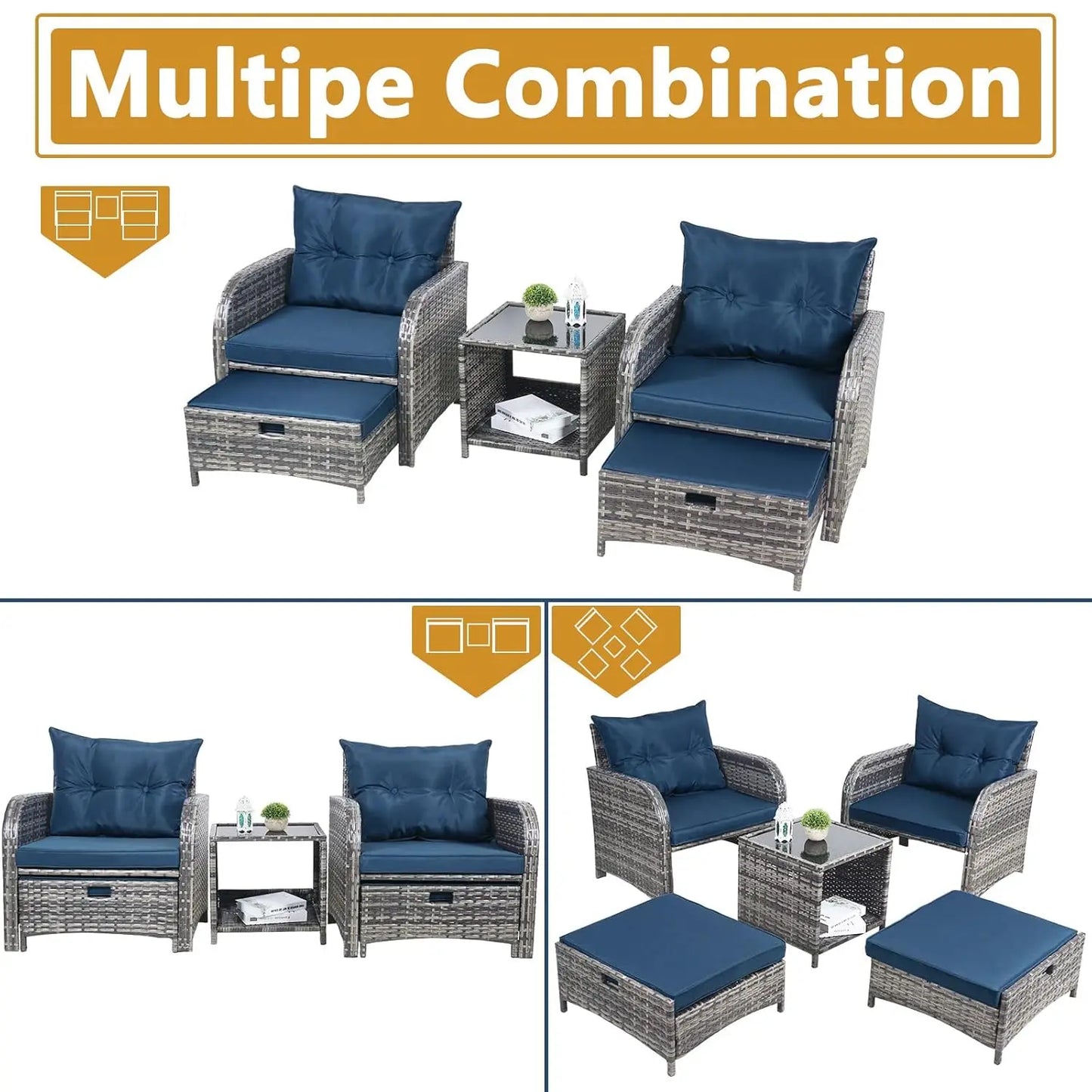 5 Piece Wicker Outdoor Patio Chairs With Ottomans All Weather PE Rattan Set