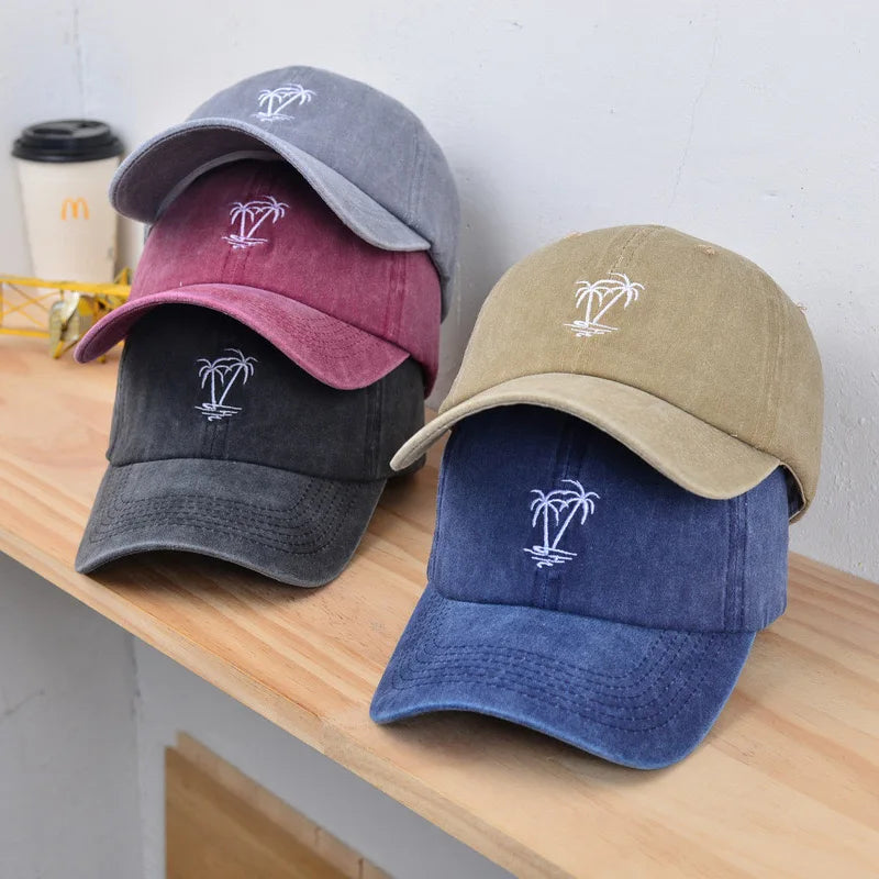 Washed Cotton Cap With Coconut Tree Embroidery Unisex Vintage Baseball Hat