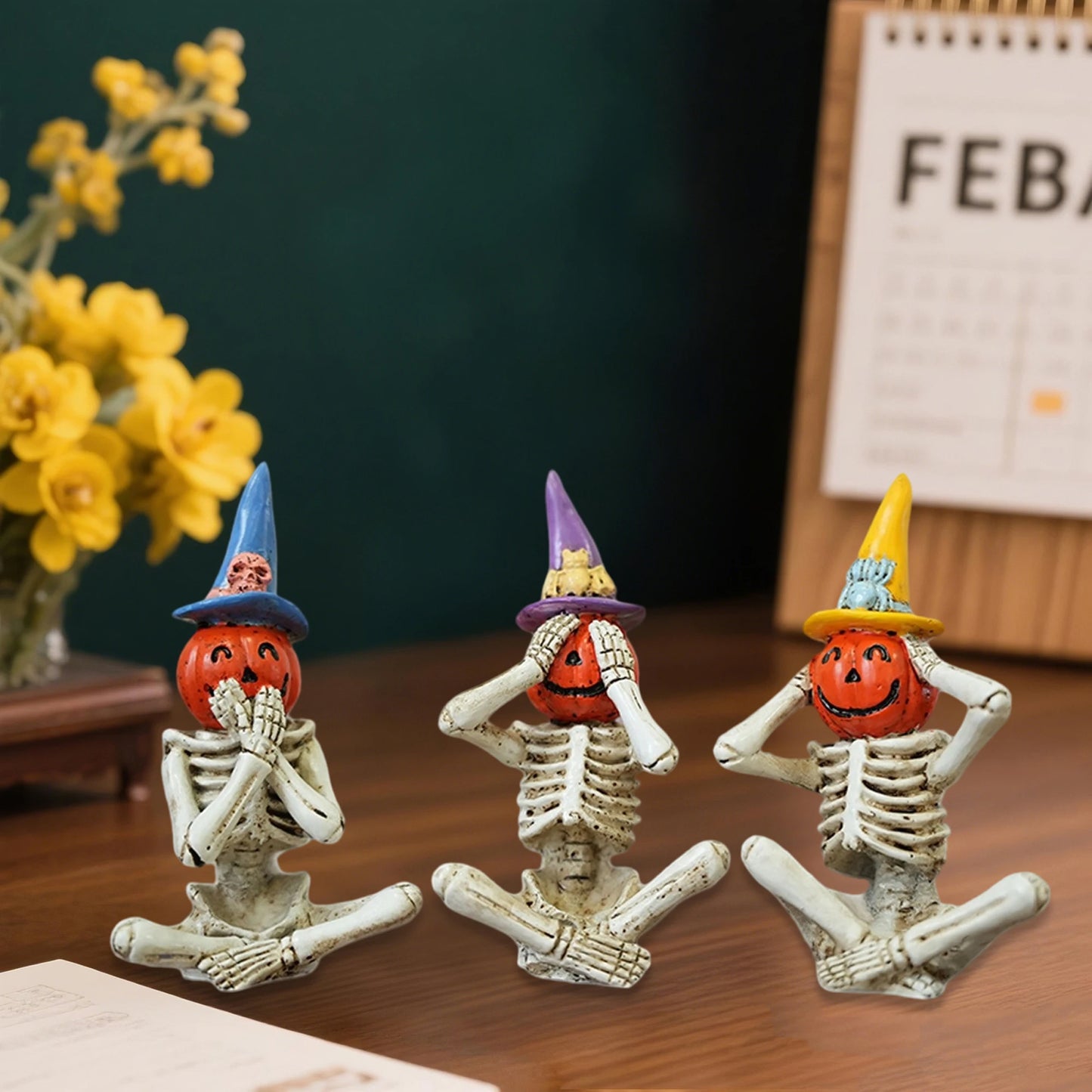 Haunted Skeleton Trio With Skulls And Black Cat Figurines
